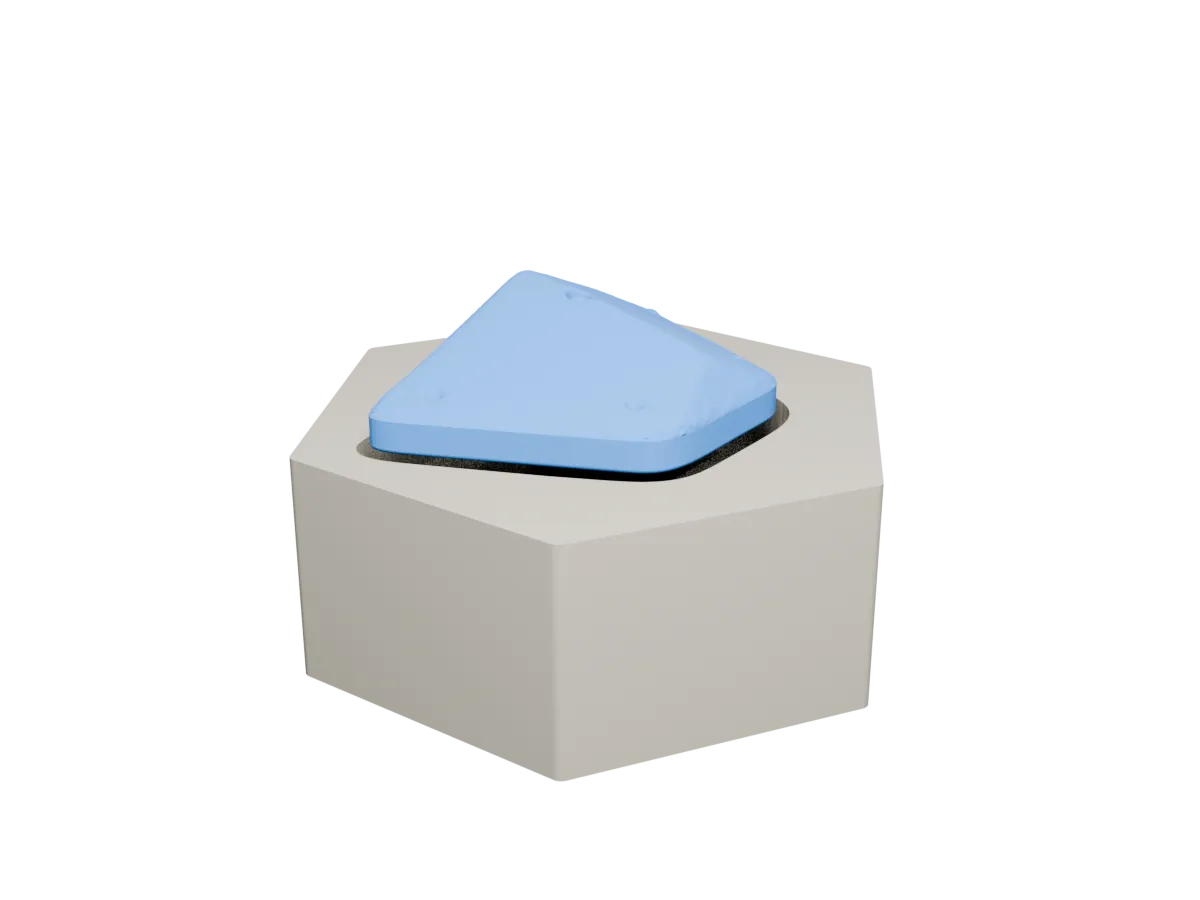 A Topout Studio hold clicker: a blue climbing-hold keycap seated in a hexagonal plate.